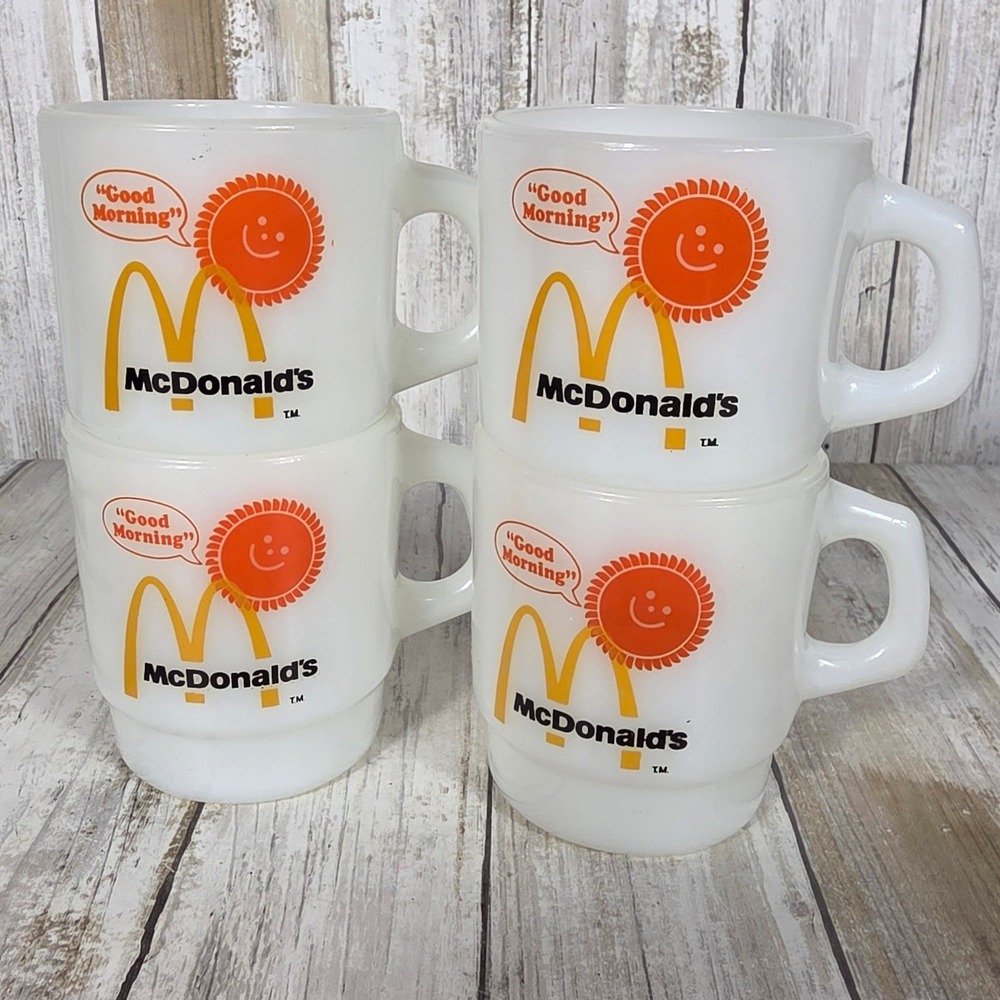 Vintage Fire-King McDonald's Good Morning Milk Glass Mugs Set of 4 Stackable USA